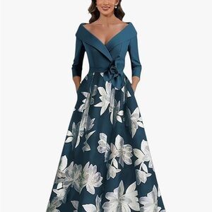 Off-Shoulder Teal Floral Satin Evening Dress